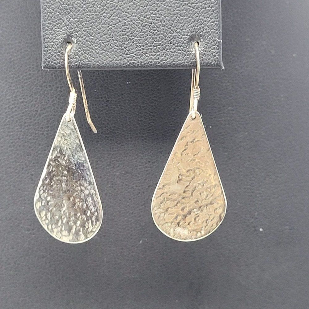 Vintage Signed TG‎ Sterling Silver Drop Dangle Earrings Hammered Tear Drop
